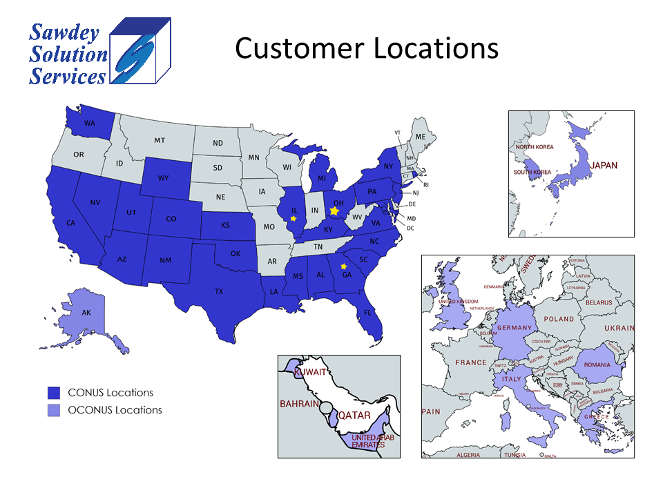 Map of customer locations. Conus locations are the following states: WA, WY, NV, CA, AZ, UT, CO, NM, KS, OK, TX, LA, AL, MS, GA, FL, SC, NC, VA, KY, IL, OH, MI, PA, NY, NJ, ML, MD, DC. OCONUS locations are the following: Alaska, Kuwait, Qatar, United Arab Emirates, South Korea, Japan, United Kingdom, Germany, Italy, Romania, Greece. 